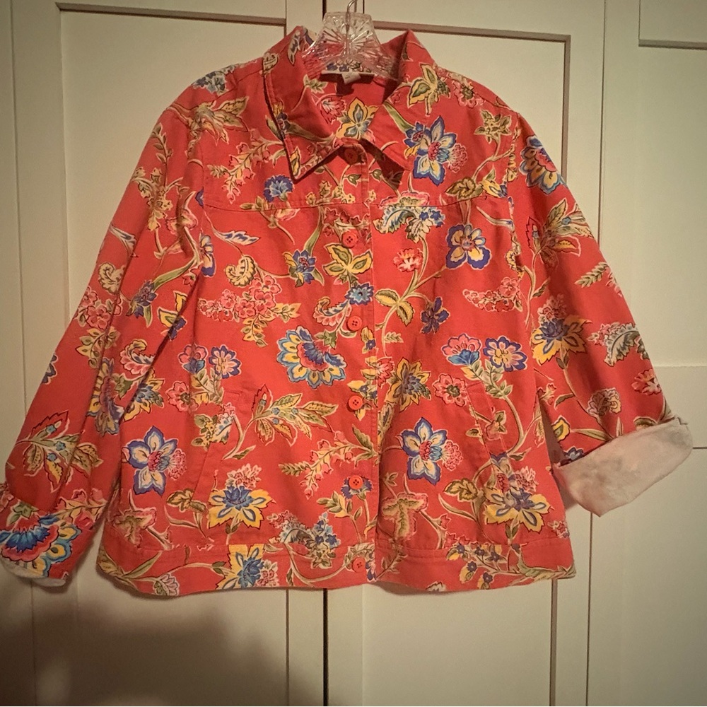 Appleseed's Coral Colored Floral Jean Utility Jacket
